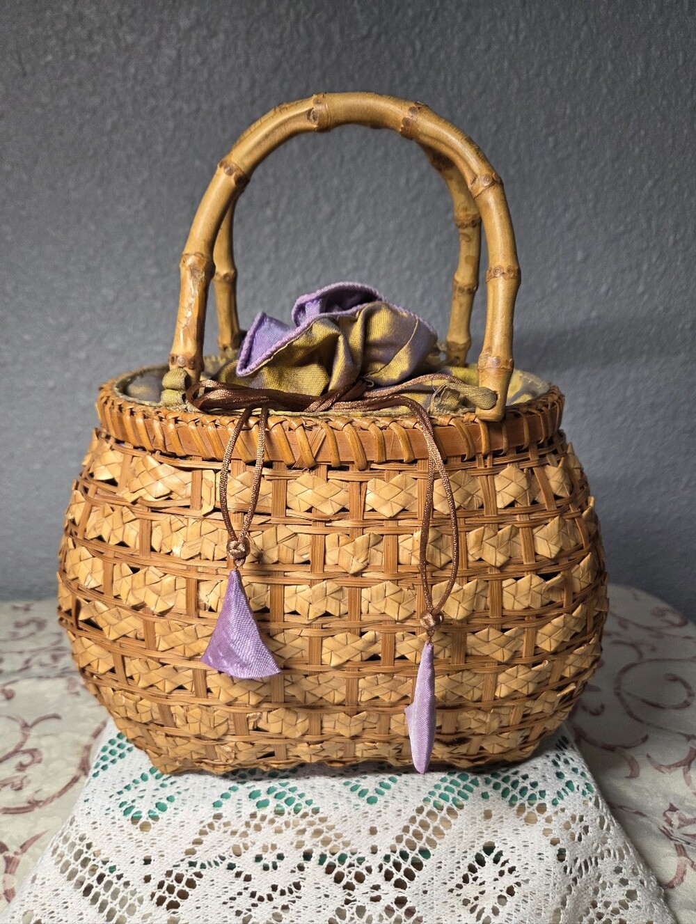 Brown Rattan Woven Purse with Iridescent Purple Gold Lined Drawstring Handbag